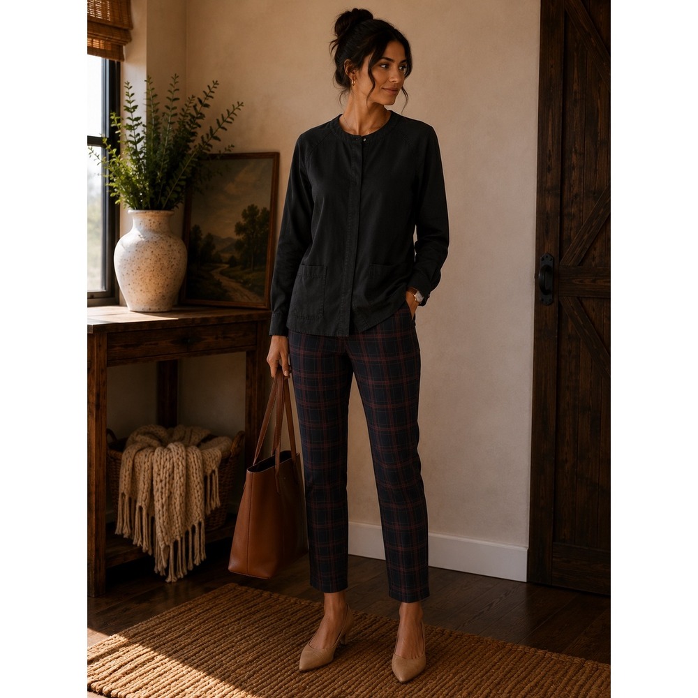 Natural Reflections Platinum Plaid‎ Pull On Skinny Pants Navy Red Size L Stretch